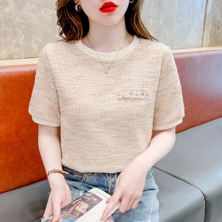PF2427#设计感小众撞色圆领短袖T恤新款韩版女装修身显瘦套头上衣