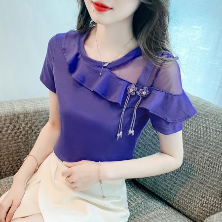 PF2428#中式花朵盘扣荷叶边短袖t恤女 夏季新款设计感修身小众上衣潮