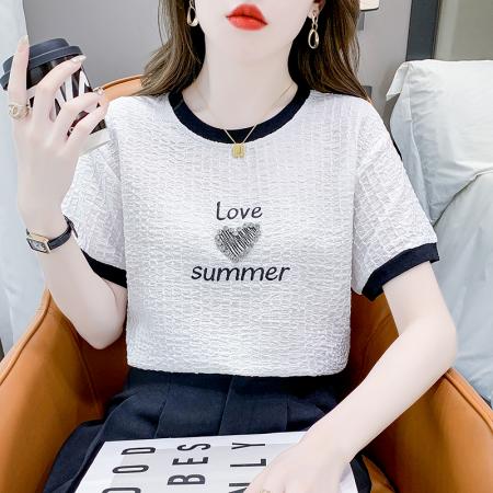 PF2429#休闲钉珠字母刺绣T恤女 夏季新款拼色正肩气质百搭显瘦上衣