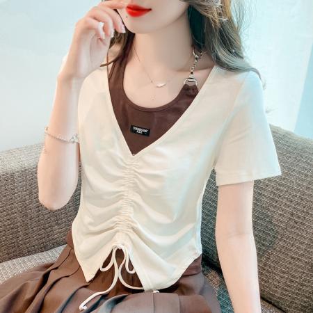 PF2430#甜辣风别致假两件褶皱挂脖复古短袖T恤女夏季设计感小众修身上衣