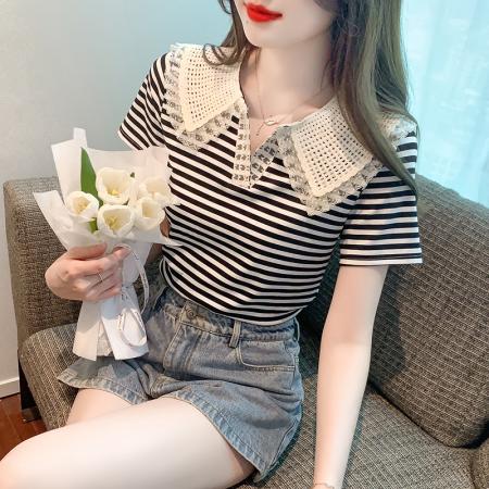 PF2431#花边镂空娃娃领拼接短袖t恤女夏季新款设计感别致气质上衣