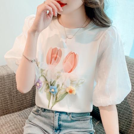 PF2432#立体花朵复古泡泡袖T恤夏季新款ins宽松甜美减龄百搭休闲上衣女