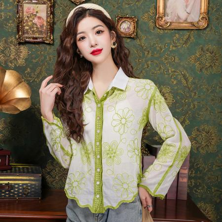 PF2433#翻领文艺刺绣复古衬衫长袖韩版宽松休闲单排扣小众设计感上衣