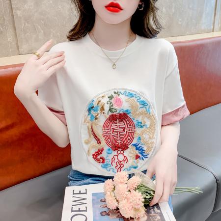 PF2437#国风新中式刺绣盘扣短袖T恤女高级感圆领套头缎面拼接别致上衣