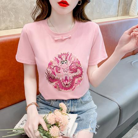 PF2438#拼色新中式国风短袖盘扣T恤休闲百搭圆领套头上衣高级感小众女