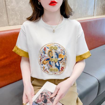 PF2439#新中式国风重工刺绣拼接短袖上衣百搭简约休闲圆领宽松上衣女