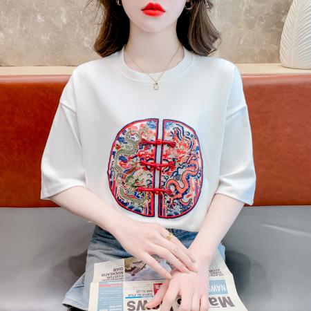 PF2440#新中式国风短袖休闲大气设计感女百搭正肩圆领落肩上衣女