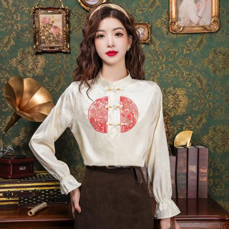 PF2441#复古刺绣漂亮提花小衫打底衬衫女春季中式国风盘扣上衣高级感女
