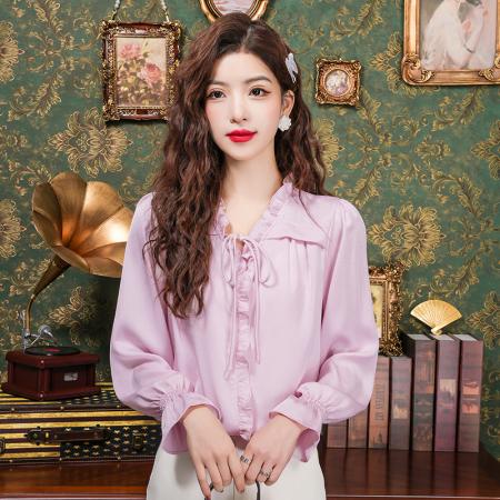 PF2442#法式温柔风蕾丝衫/雪纺衫韩版大气甜美系带荷叶边长袖洋气上衣女