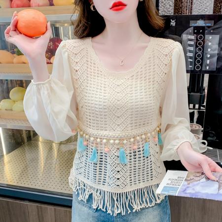 PF2443#流苏镂空针织衫拼接雪纺袖设计感小众别致漂亮长袖小衫上衣女