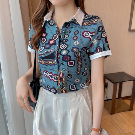 PF2453#夏季新款雪纺衬衫女韩版百搭时尚洋气印花方领衬衫