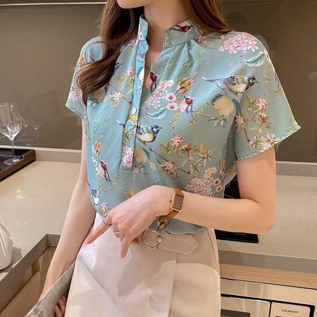 PF2455#夏季新款印花衬衫自带清凉感   小清新花鸟印桑蚕丝上衣