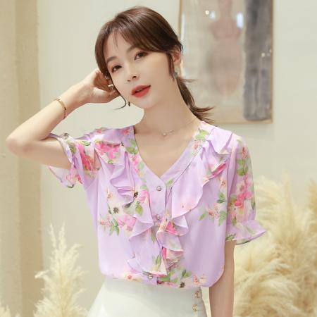 PF2460#夏季碎花雪纺衫女短袖荷叶边v领很仙的上衣洋气衬衣仙女范