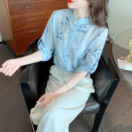 PF2466#夏季新款麻料女装立领高端苎麻上衣七分袖减龄时尚棉麻衬衫
