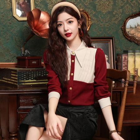 PF2467#撞色灯芯绒衬衫女春秋复古气质显瘦衬衣女别致小衫上衣