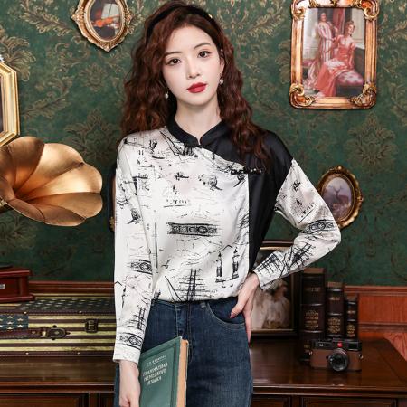 PF2468#新款高端桑蚕丝立领上衣中国风复古中式盘扣拼色小衫