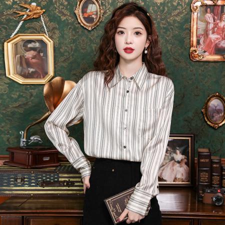 PF2469#新款大牌设计感BF风阔版桑蚕丝衬衫长袖条纹真丝上衣