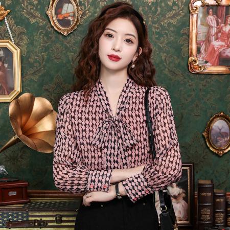 PF2470#新款气质小众衬衣洋气小衫蝴蝶结上衣粉色系带雪纺衫