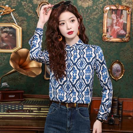 PF2471#新款经典格纹时尚印花真丝衬衫大牌设计感宽松长袖上衣