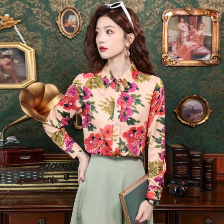 PF2472#新款法式小众设计感真丝印花衬衫女时尚复古花朵衬衣