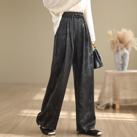 PF2474#国潮复古盘扣高腰阔腿裤女 暗纹提花新中式国风休闲裤