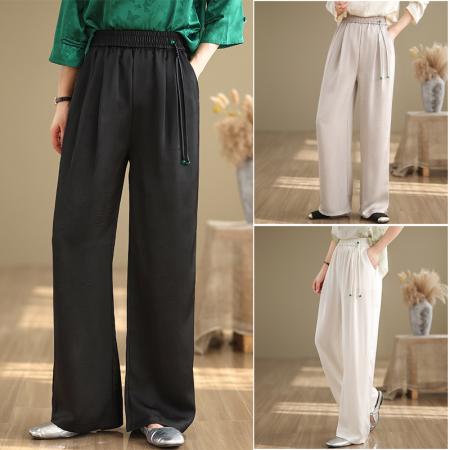 PF2475#新中式提花吊坠休闲阔腿裤春夏新款国风松紧高腰直筒裤拖地裤