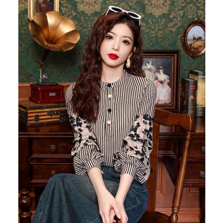 PF2494#新款条纹打底春舒适拼接长袖圆领T恤女上衣衬衫