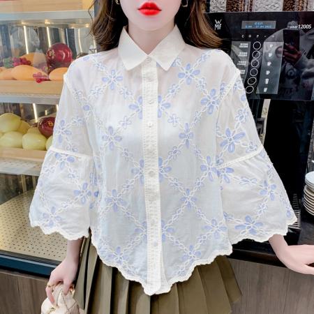 PF2506#衬衫女重工刺绣菱格小众波浪边设计感小众田园风复古上衣女