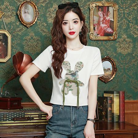 PF2553#新款钉珠短袖T恤简约