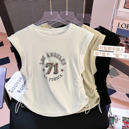 PF2554#新款实拍短袖t恤女圆领套头飞袖设计感小心机印花抽绳上衣女