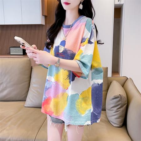 PF2559#小众设计感扎染卡通小熊涂鸦短袖t恤女宽松韩版上衣