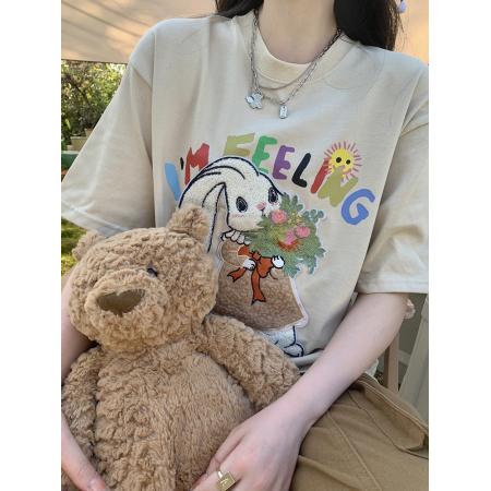 PF2562#精梳紧密 新款短袖t恤女印花+毛巾