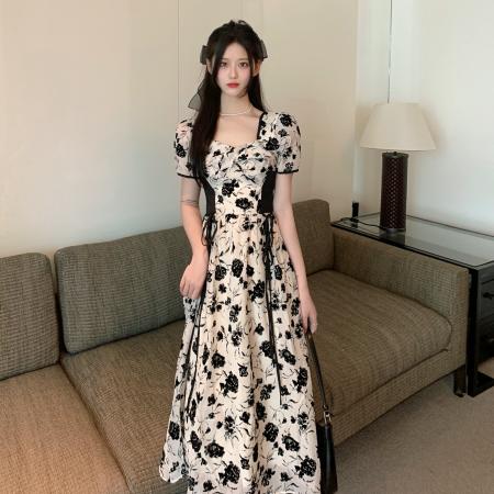 PF2565#复古午夜玫瑰碎花连衣裙女夏收腰显瘦法式气质休闲长裙子