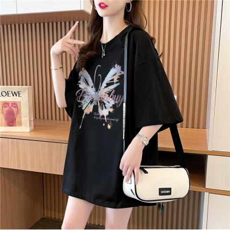 PF2568#落肩宽松版型 精梳纯棉后包边短袖T恤女夏季印花款