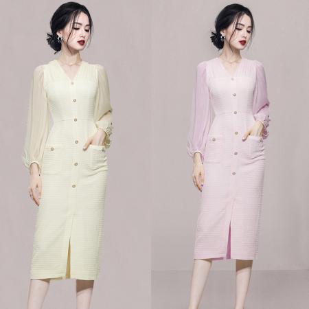 PF2571#女装气质法式灯笼袖修身收腰显瘦中长款V领连衣裙