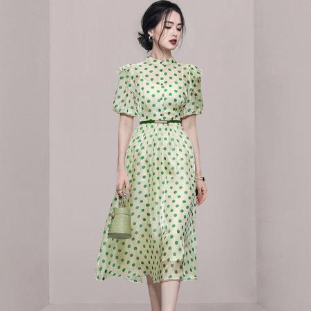 PF2574#新款女装气质灯笼袖收腰显瘦波点纱裙衬衫中长裙连衣裙