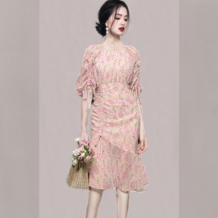 PF2575#韩版时尚气质淑女修身显瘦抽褶荷叶边中长款碎花连衣裙