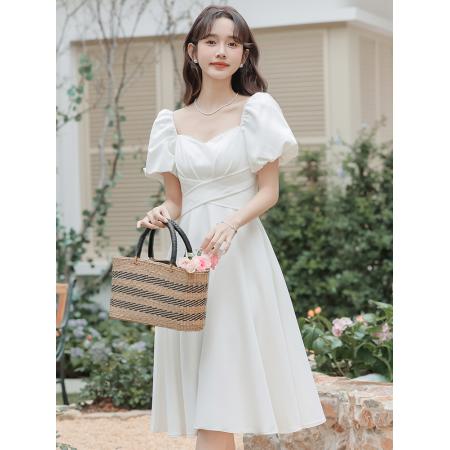PF2579#白色小礼服领证登记法式缎面日常连衣裙轻气质小个子名媛轻奢订婚