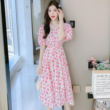 PF2601#雪纺短袖连衣裙子夏季 新款女装气质名媛小个子法式显瘦