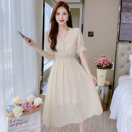 PF2602#碎花雪纺连衣裙子女夏季 新款精致长裙气质小个子法式短袖
