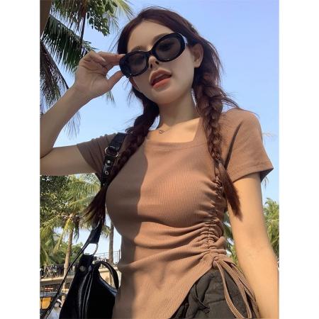 PF2614#纯棉 不规则抽绳短袖T恤女