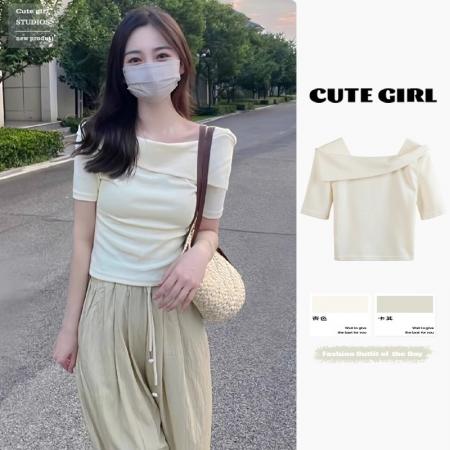 PF2615#纯棉 小众一字肩短袖t恤女