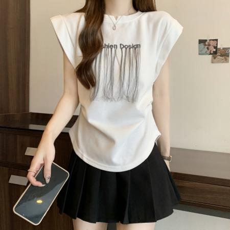 PF2622#棉珠地 夏装刺绣流苏短袖T恤女飞飞袖坎肩背心