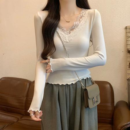 PF2624#长袖t恤女春秋薄款潮 修身优雅蕾丝打底衫V领上衣韩版女装