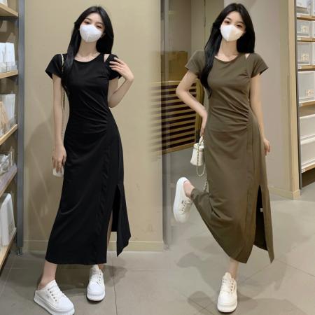 PF2625#法式设计感胖MM纯欲风露肩小心机连衣裙收腰显瘦辣妹开叉裙