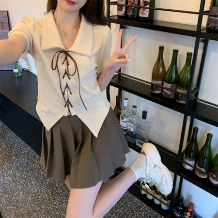 PF2626#大码polp领绑带设计小众短袖衬衣上衣女夏季别致小衫