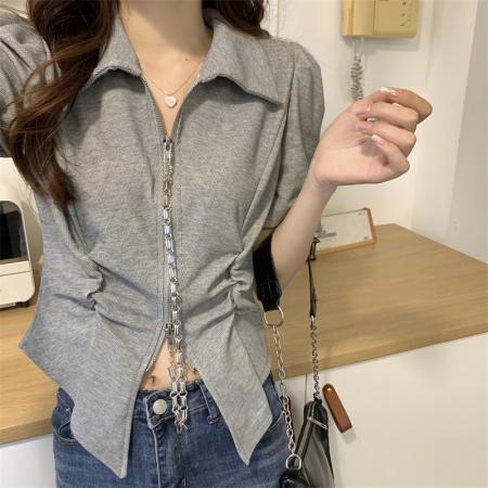 PF2627#大码胖MM短袖t恤女设计感小众显瘦polo领短款上衣潮ins