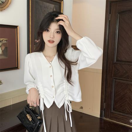 PF2631#大码女装胖MM法式V领长袖衬衫女抽绳设计感小众上衣