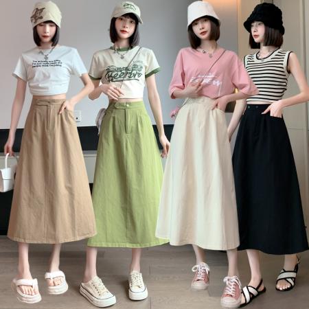 PF2638#高腰遮胯显瘦减龄牛油果绿a字半身裙中长款工装裙伞裙