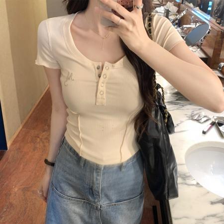 PF2639#美式复古U领正肩短袖t恤女装2024夏季新款半开领修身辣妹短款上衣